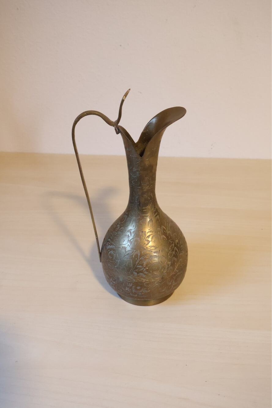 Vintage Etched Brass Pitcher Hand Engraved Floral Ewer Jug